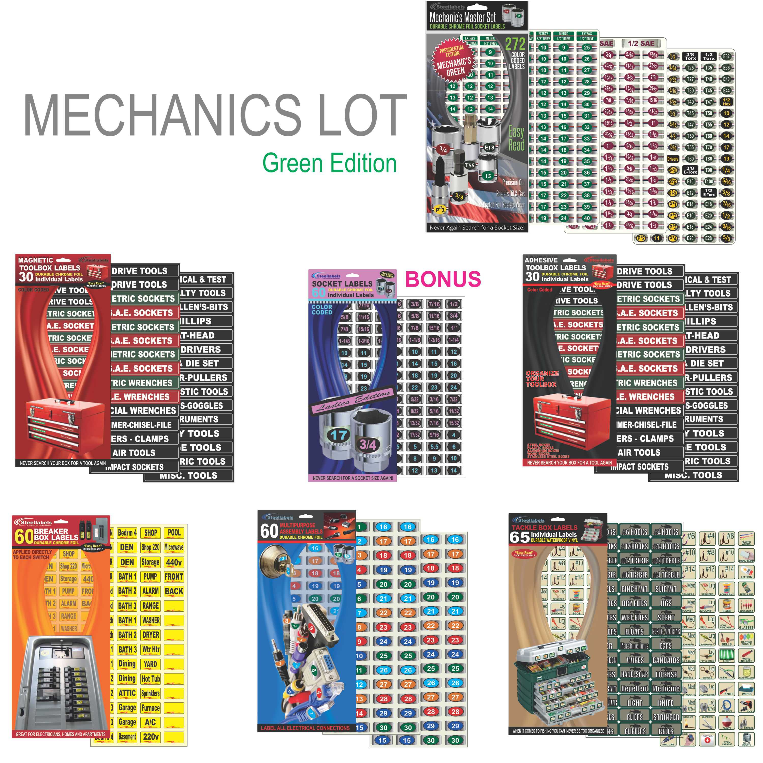 'Mechanics Lot', for Professional and Home Mechanics. Combo Pack includes Magnetic Toolbox Labels, Master & Regular Chrome Socket Label Sets, Circuit Breaker & Tackle Box Decal Sets, Universal Assembl